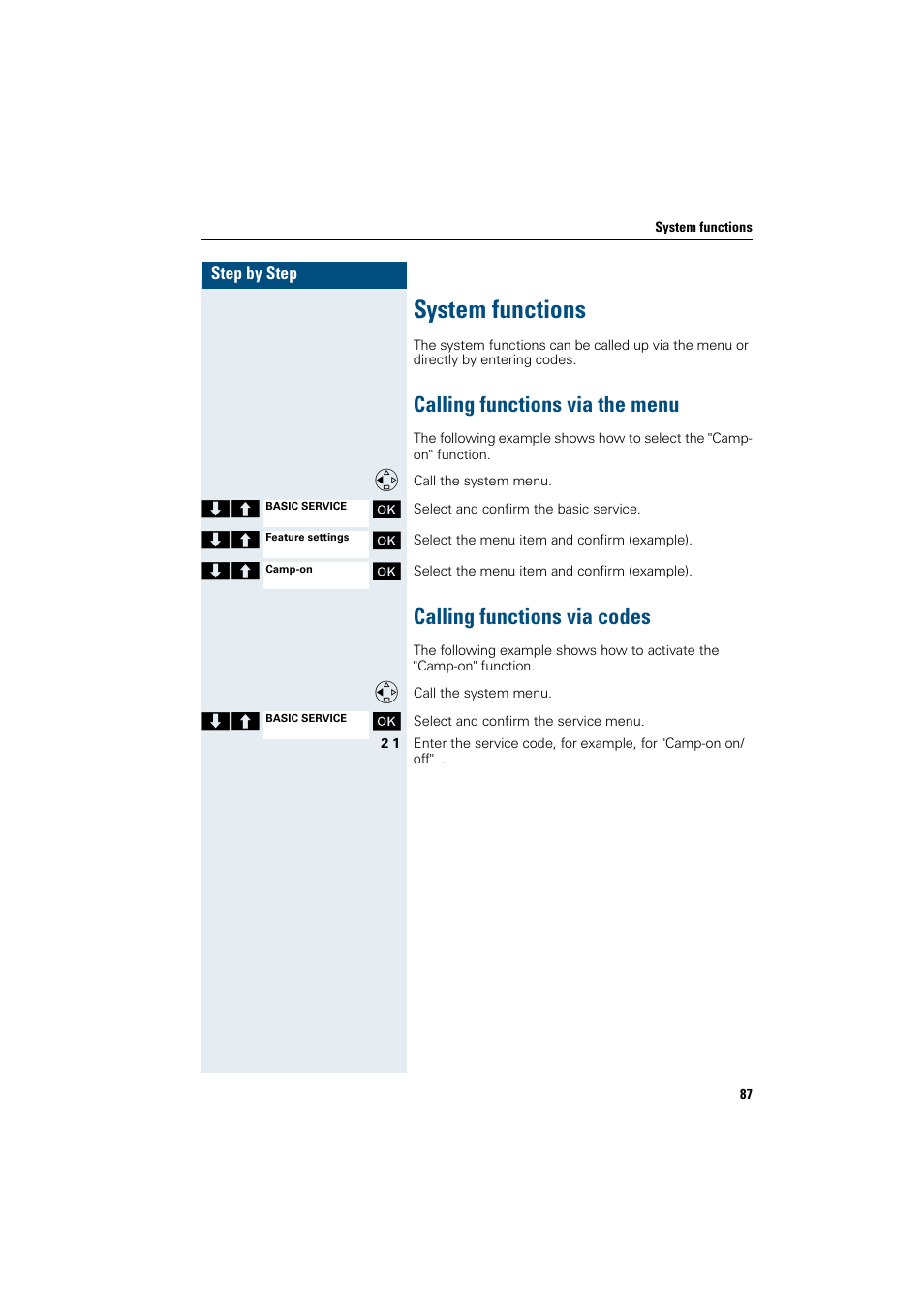 System functions, Calling functions via the menu, Calling functions via codes | Siemens HiPath 4000 User Manual | Page 95 / 109