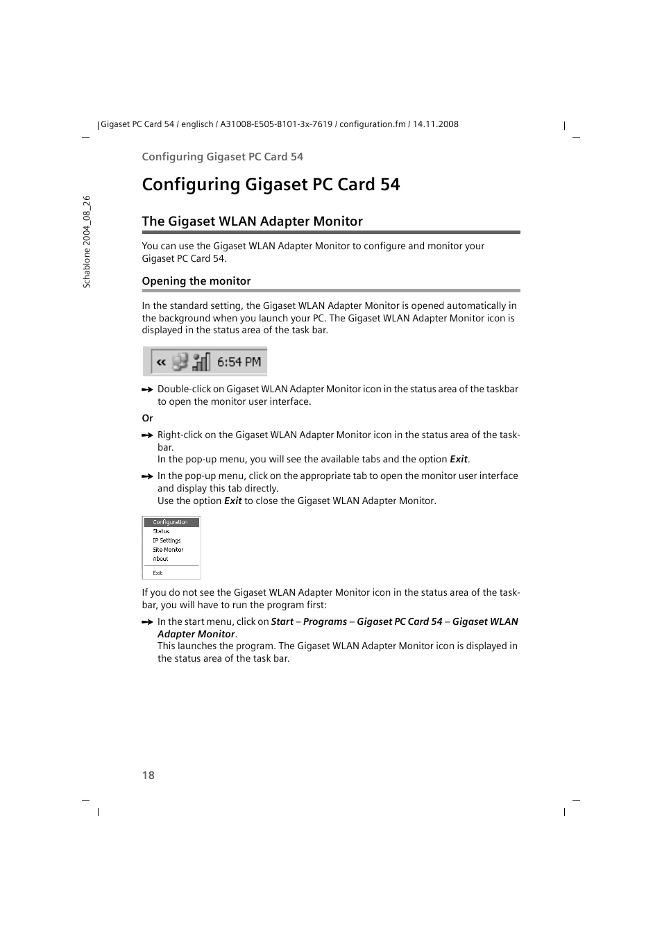 Configuring gigaset pc card 54, The gigaset wlan adapter monitor, Opening the monitor | Siemens GIGASET 54 User Manual | Page 18 / 56