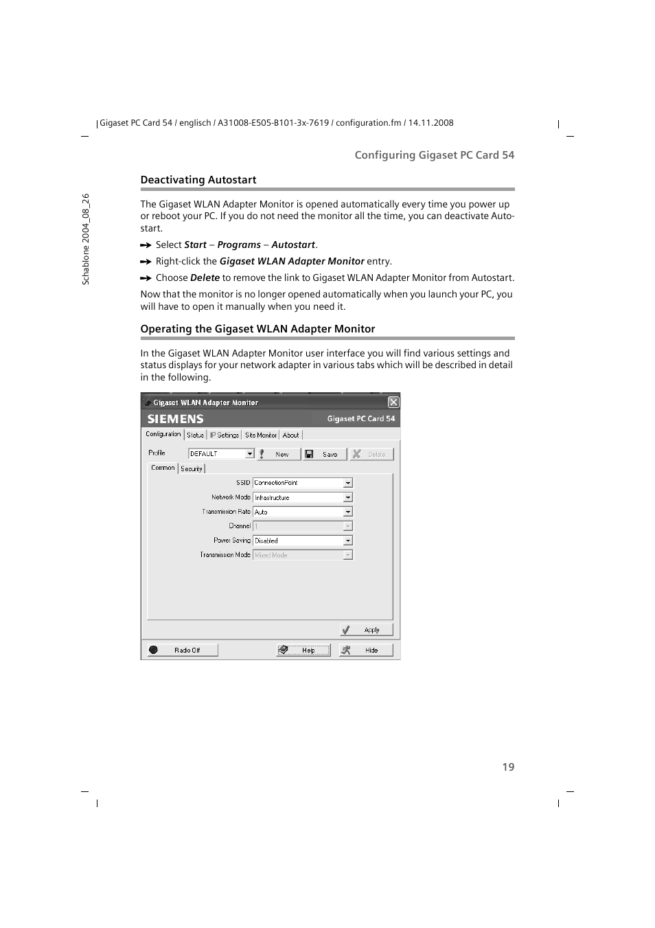 Deactivating autostart, Operating the gigaset wlan adapter monitor | Siemens GIGASET 54 User Manual | Page 19 / 56