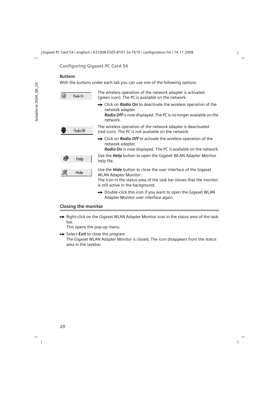 Closing the monitor | Siemens GIGASET 54 User Manual | Page 20 / 56