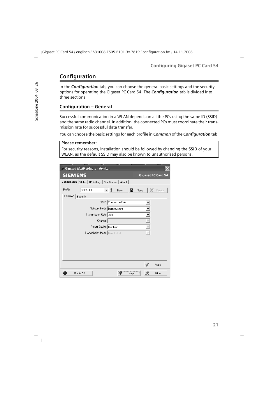 Configuration, Configuration - general, Configuration – general | Siemens GIGASET 54 User Manual | Page 21 / 56