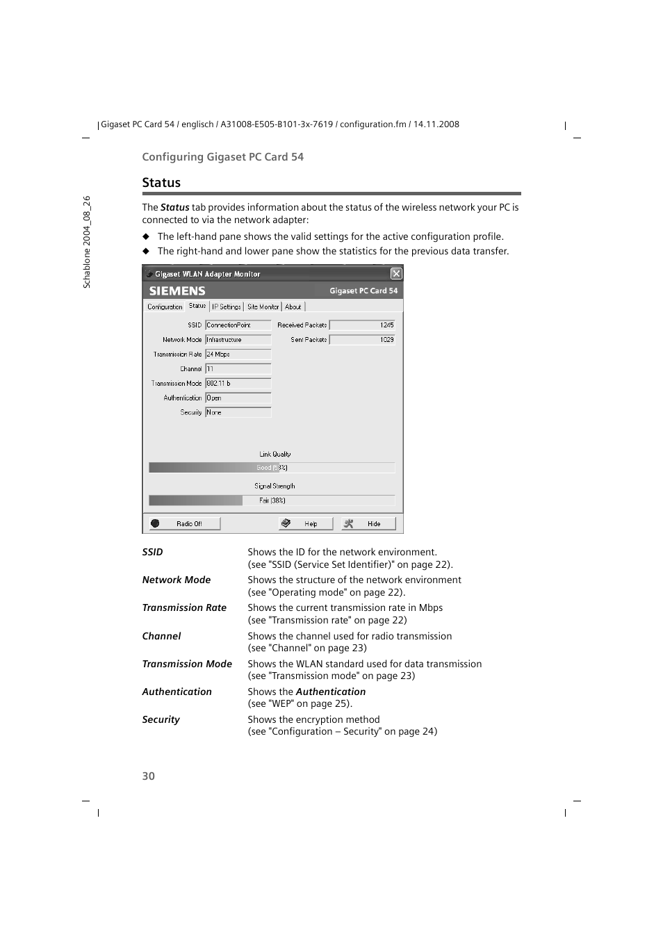 Status | Siemens GIGASET 54 User Manual | Page 30 / 56