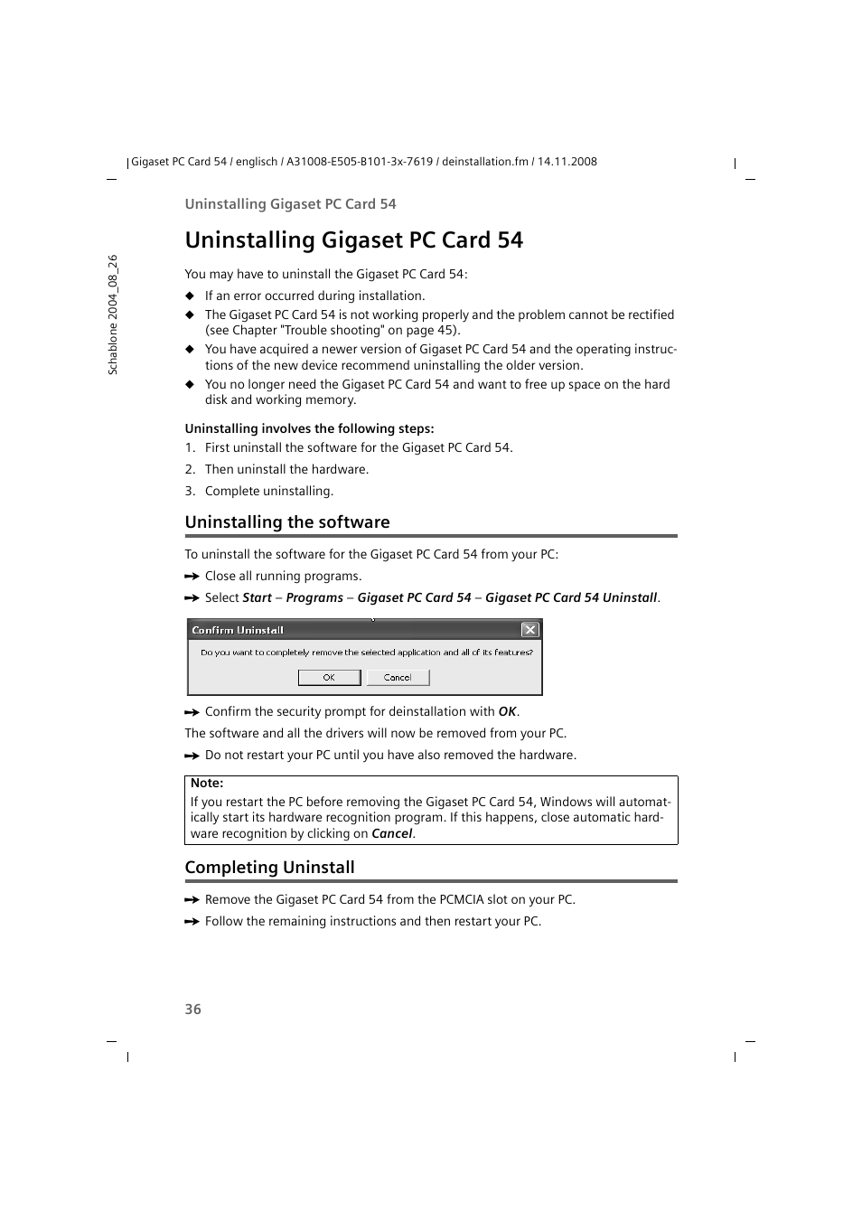 Uninstalling gigaset pc card 54, Uninstalling the software, Completing uninstall | Uninstalling the software completing uninstall | Siemens GIGASET 54 User Manual | Page 36 / 56