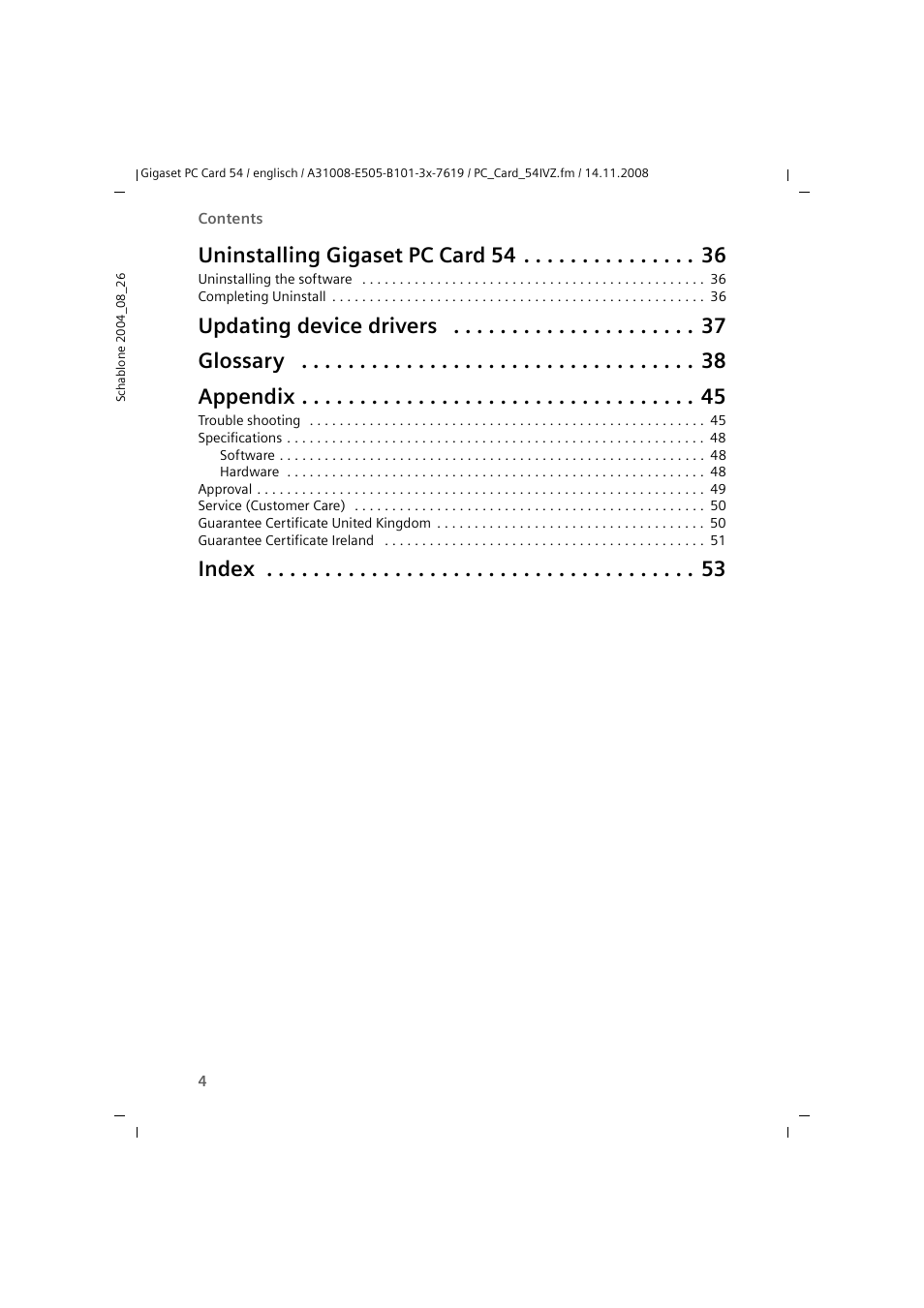 Uninstalling gigaset pc card 54, Updating device drivers glossary appendix, Index | Siemens GIGASET 54 User Manual | Page 4 / 56