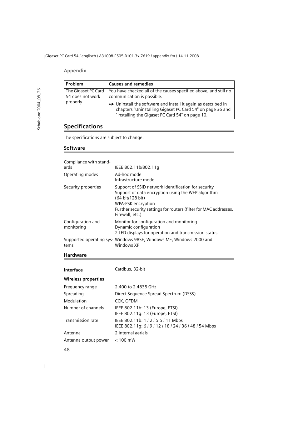 Specifications, Software, Hardware | Software hardware | Siemens GIGASET 54 User Manual | Page 48 / 56