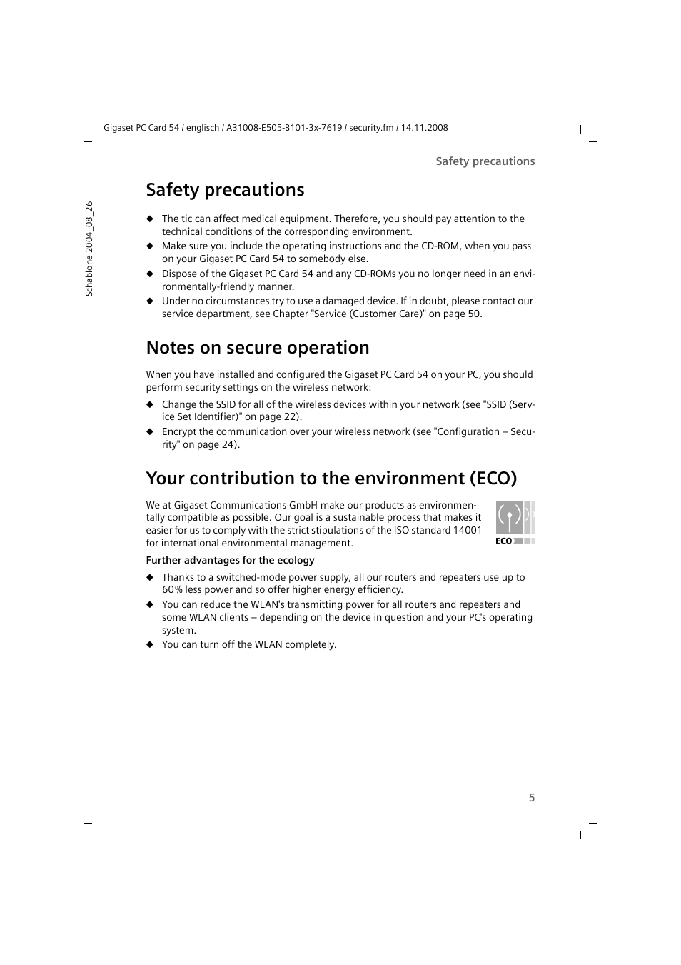 Safety precautions, Notes on secure operation, Your contribution to the environment (eco) | Siemens GIGASET 54 User Manual | Page 5 / 56