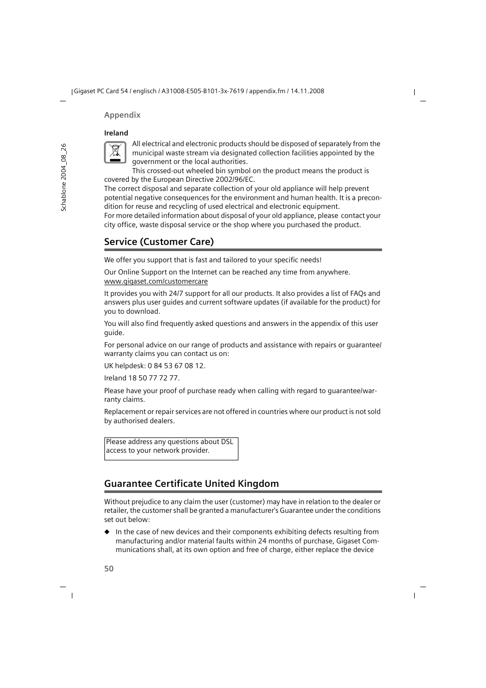 Service (customer care), Guarantee certificate united kingdom | Siemens GIGASET 54 User Manual | Page 50 / 56