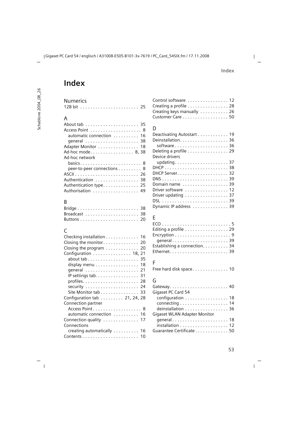 Index | Siemens GIGASET 54 User Manual | Page 53 / 56