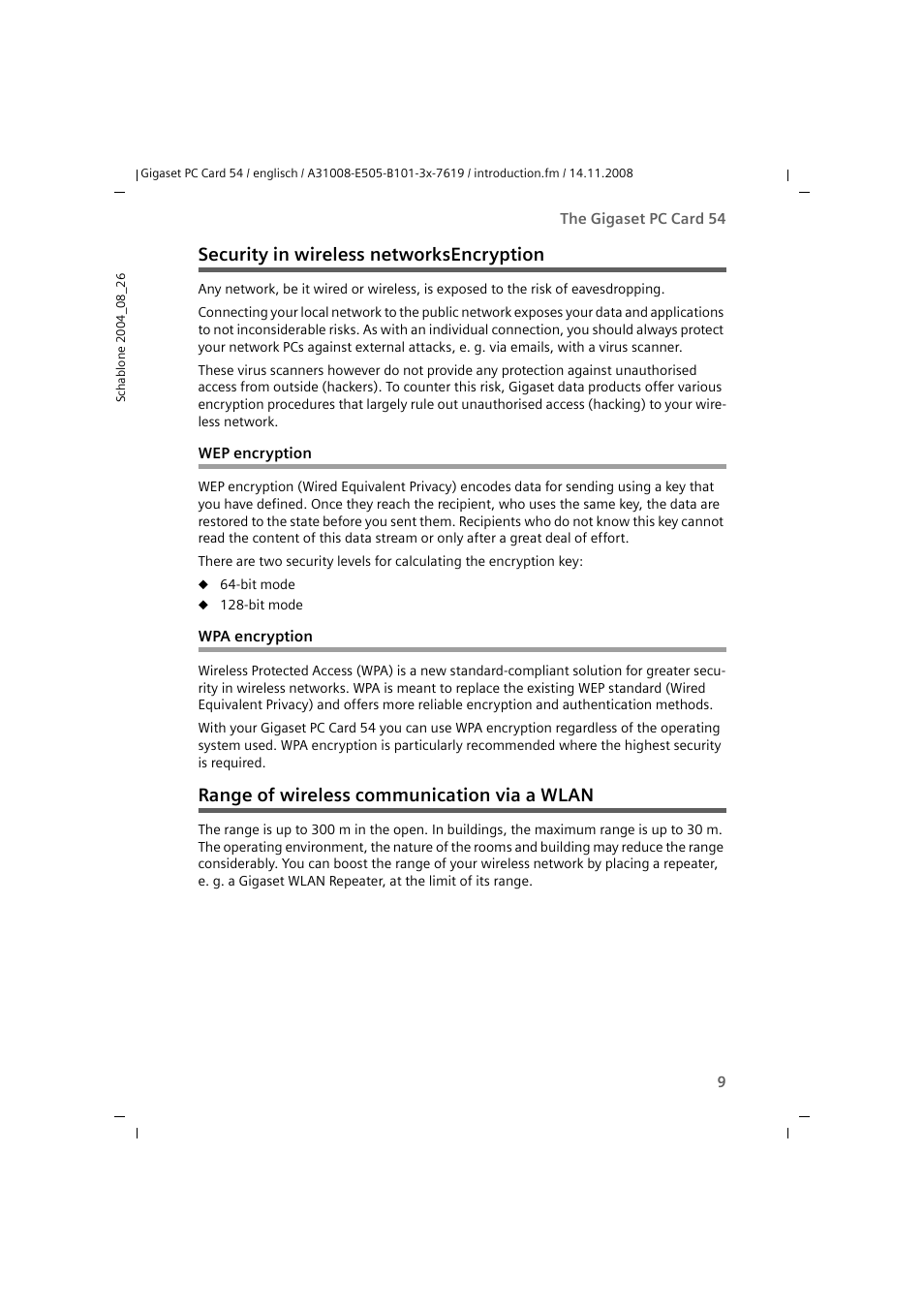 Security in wireless networksencryption, Wep encryption, Wpa encryption | Range of wireless communication via a wlan, Wep encryption wpa encryption | Siemens GIGASET 54 User Manual | Page 9 / 56