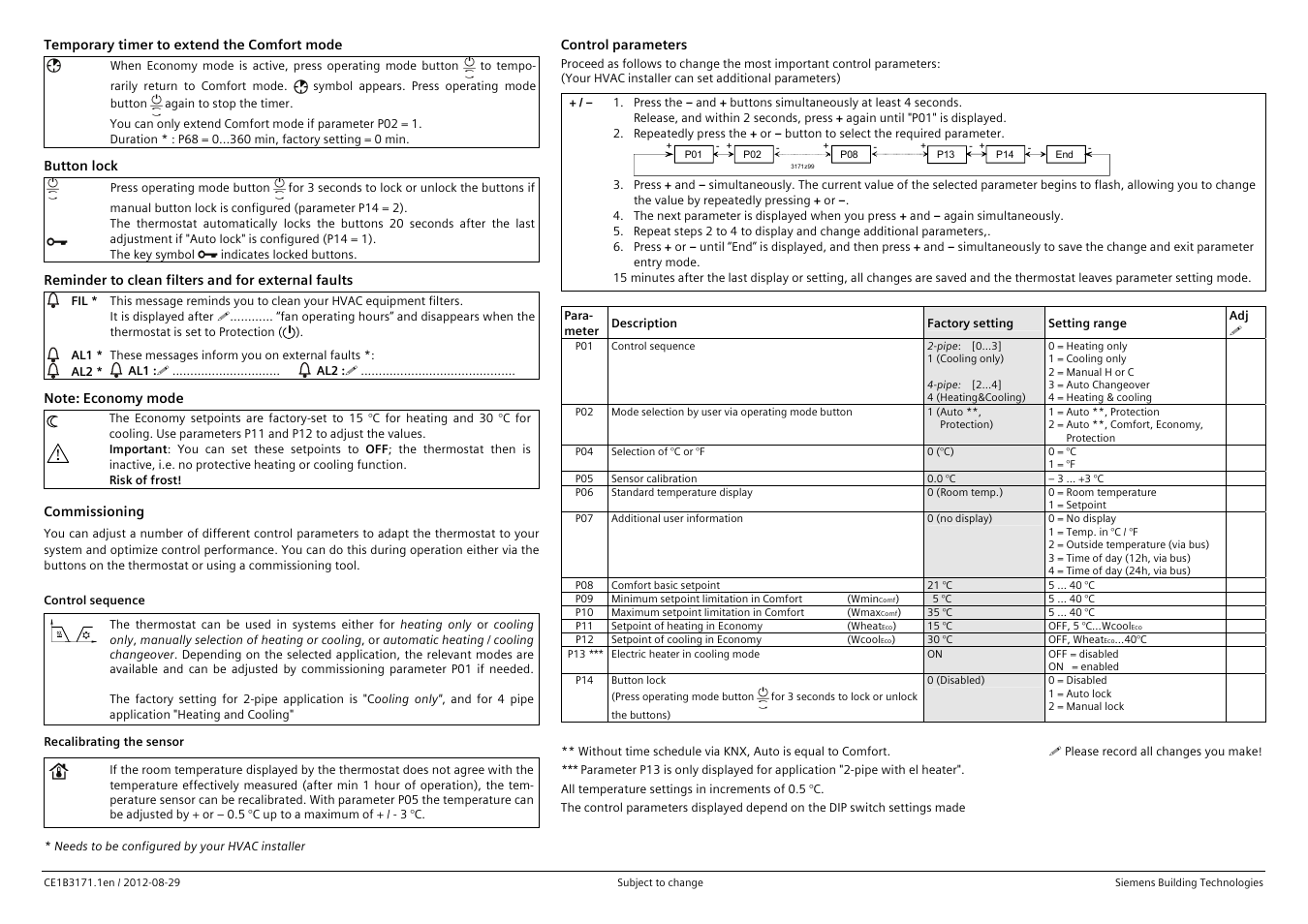 Temporary timer to extend the comfort mode, Button lock, Reminder to clean filters and for external faults | Note: economy mode, Control sequence, Recalibrating the sensor, Control parameters | Siemens rdf600kn User Manual | Page 2 / 2