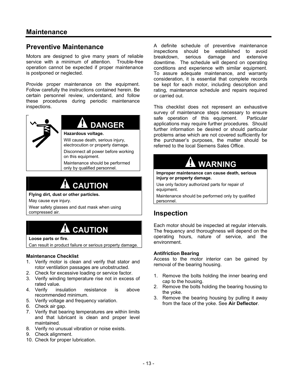 Maintenance, Preventive maintenance, Inspection | Danger, Caution, Warning | Siemens 680 User Manual | Page 14 / 38