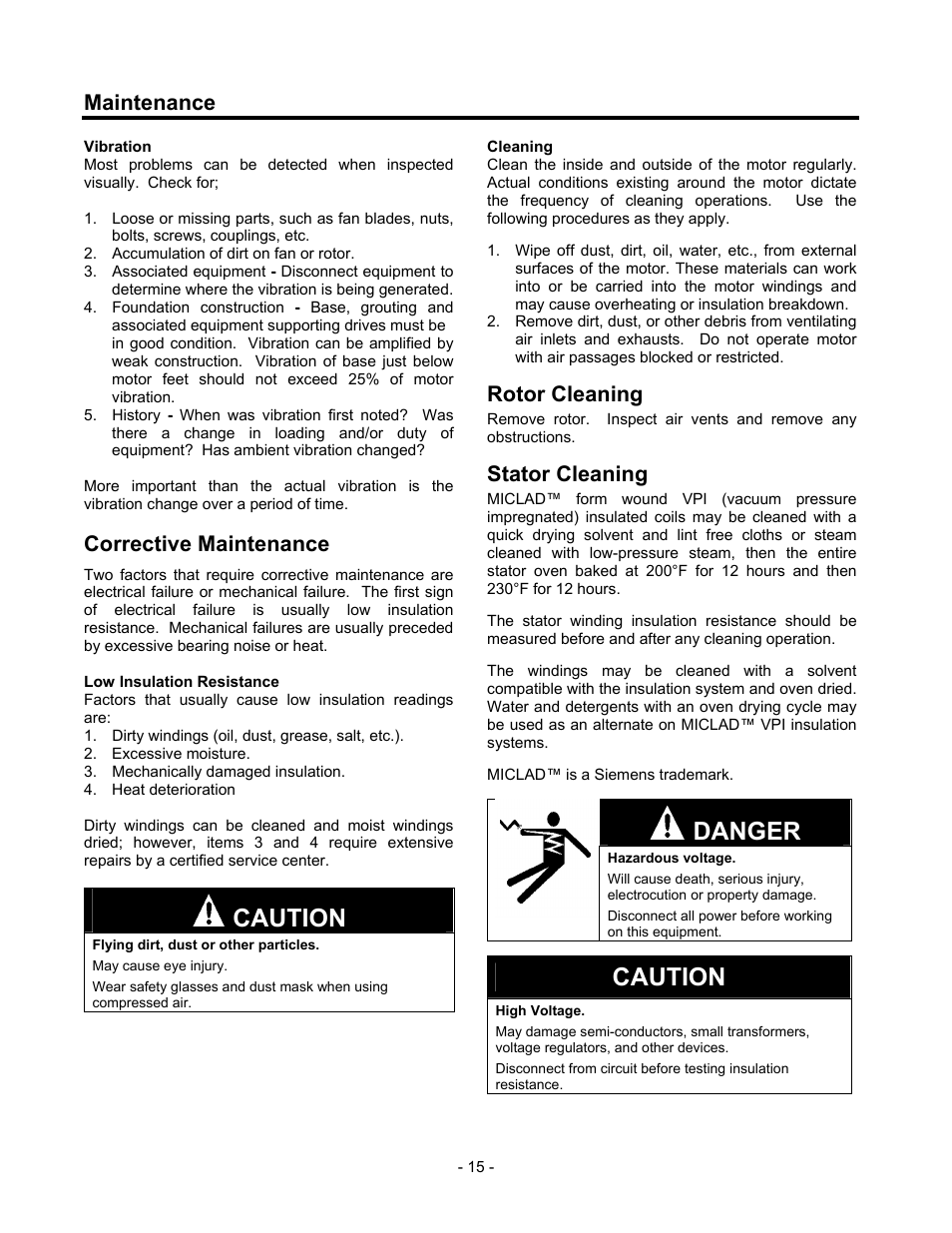 Corrective maintenance, Rotor cleaning, Stator cleaning | Caution, Danger, Maintenance | Siemens 680 User Manual | Page 16 / 38