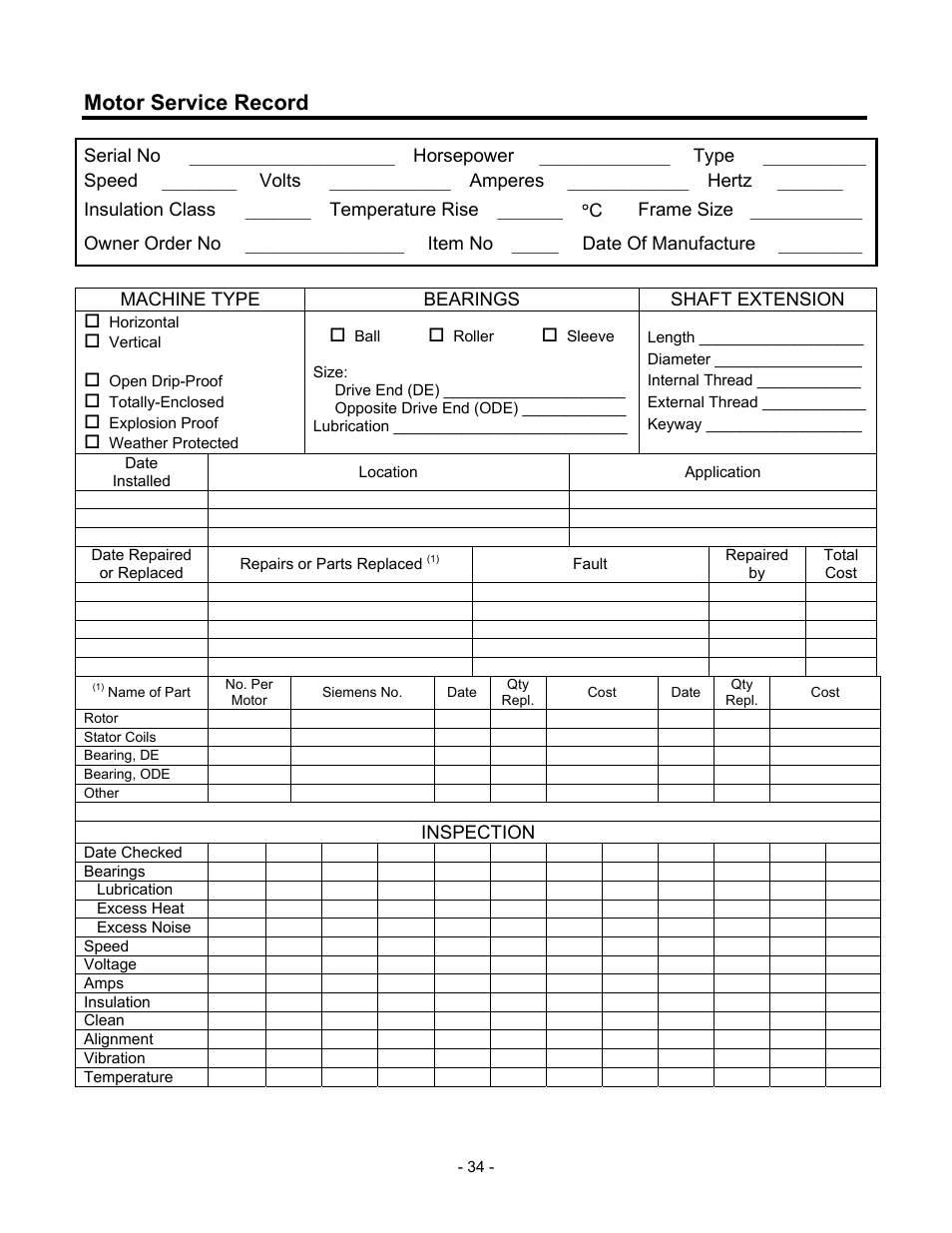 Motor service record | Siemens 680 User Manual | Page 35 / 38