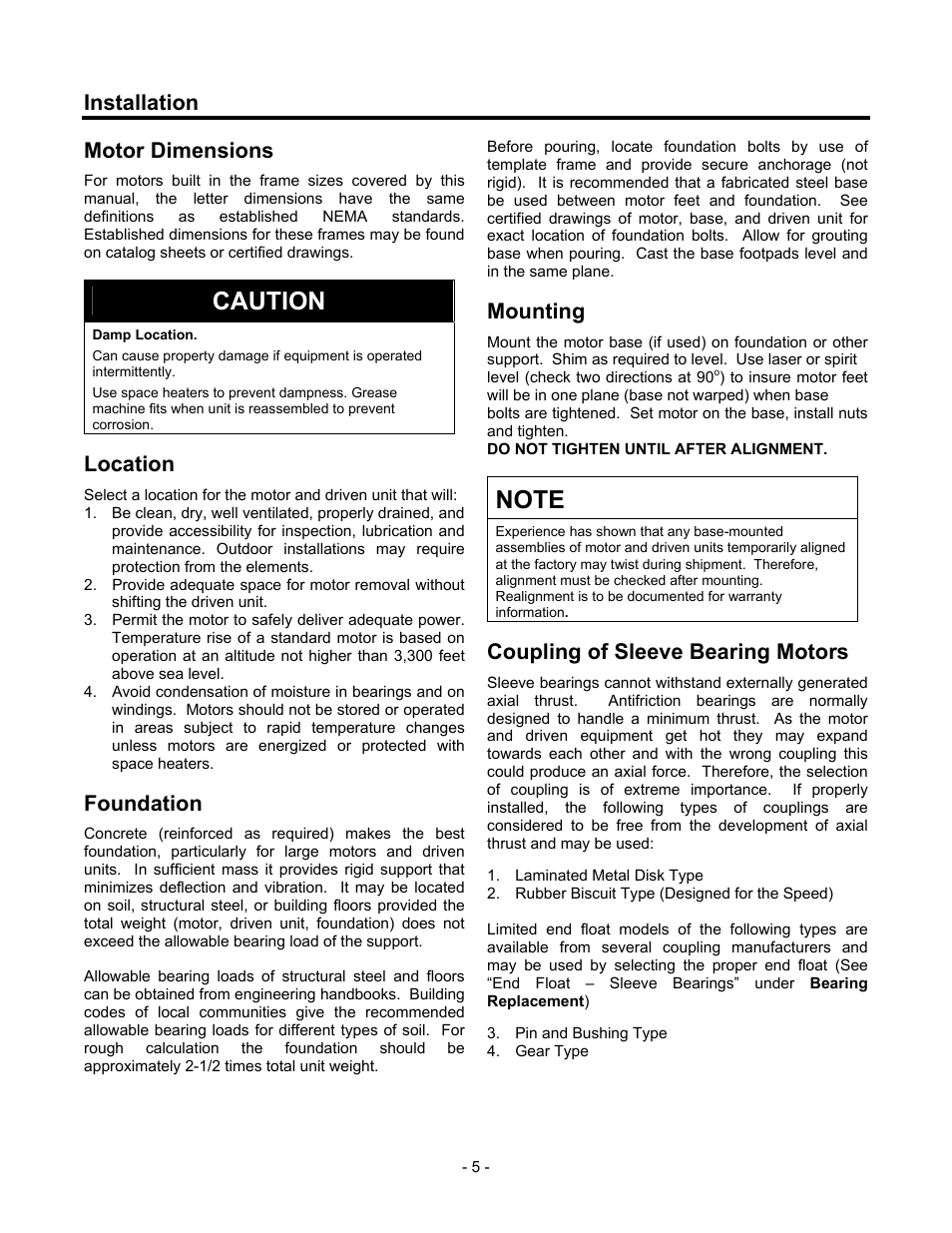 Installation, Motor dimensions, Location | Foundation, Mounting, Coupling of sleeve bearing motors, Installation 5, Caution | Siemens 680 User Manual | Page 6 / 38