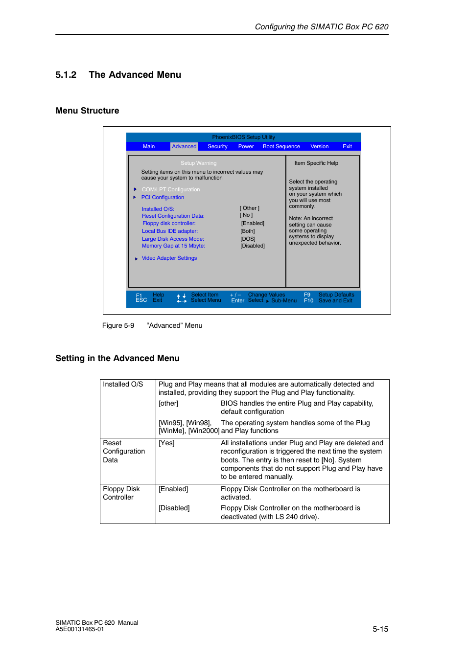 2 the advanced menu, Menu structure, Setting in the advanced menu | Siemens Simatic 620 User Manual | Page 103 / 216