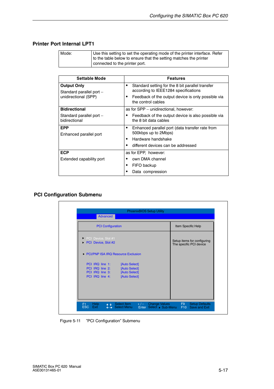 Printer port internal lpt1, Pci configuration submenu | Siemens Simatic 620 User Manual | Page 105 / 216