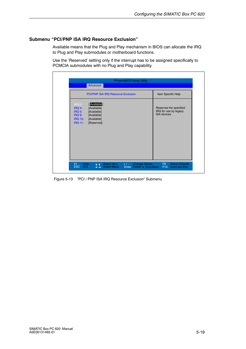 Submenu “pci/pnp isa irq resource exclusion | Siemens Simatic 620 User Manual | Page 107 / 216