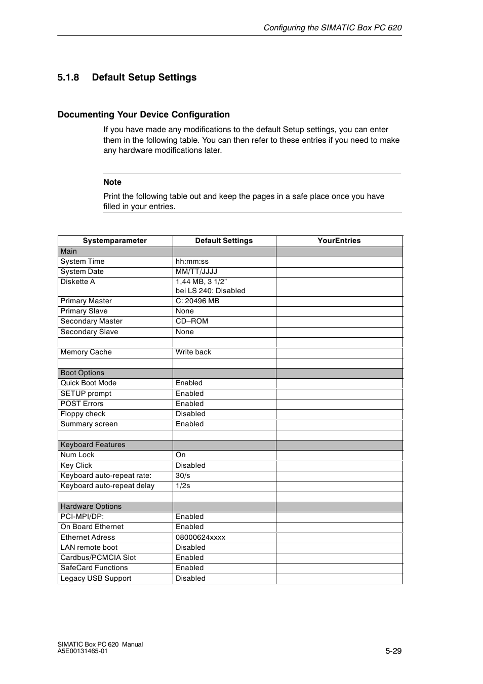 8 default setup settings | Siemens Simatic 620 User Manual | Page 117 / 216