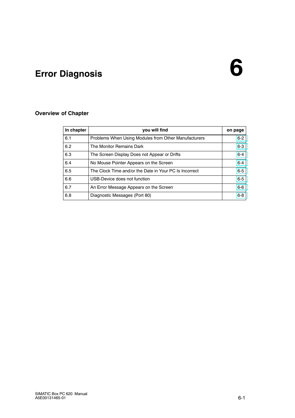 6 error diagnosis, Error diagnosis | Siemens Simatic 620 User Manual | Page 121 / 216