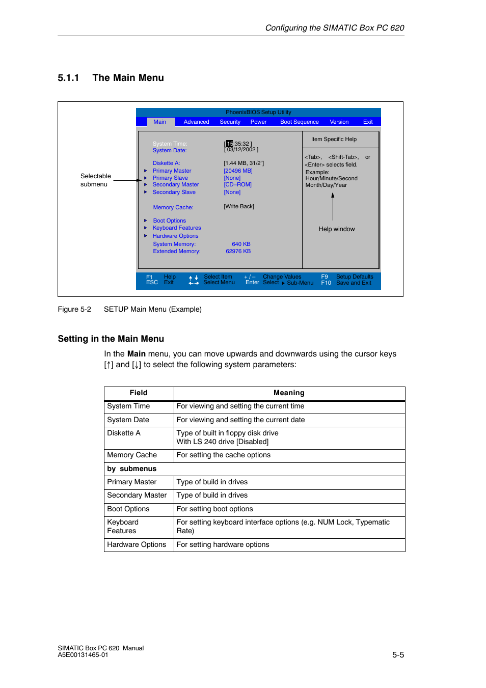 1 the main menu, Setting in the main menu | Siemens Simatic 620 User Manual | Page 93 / 216