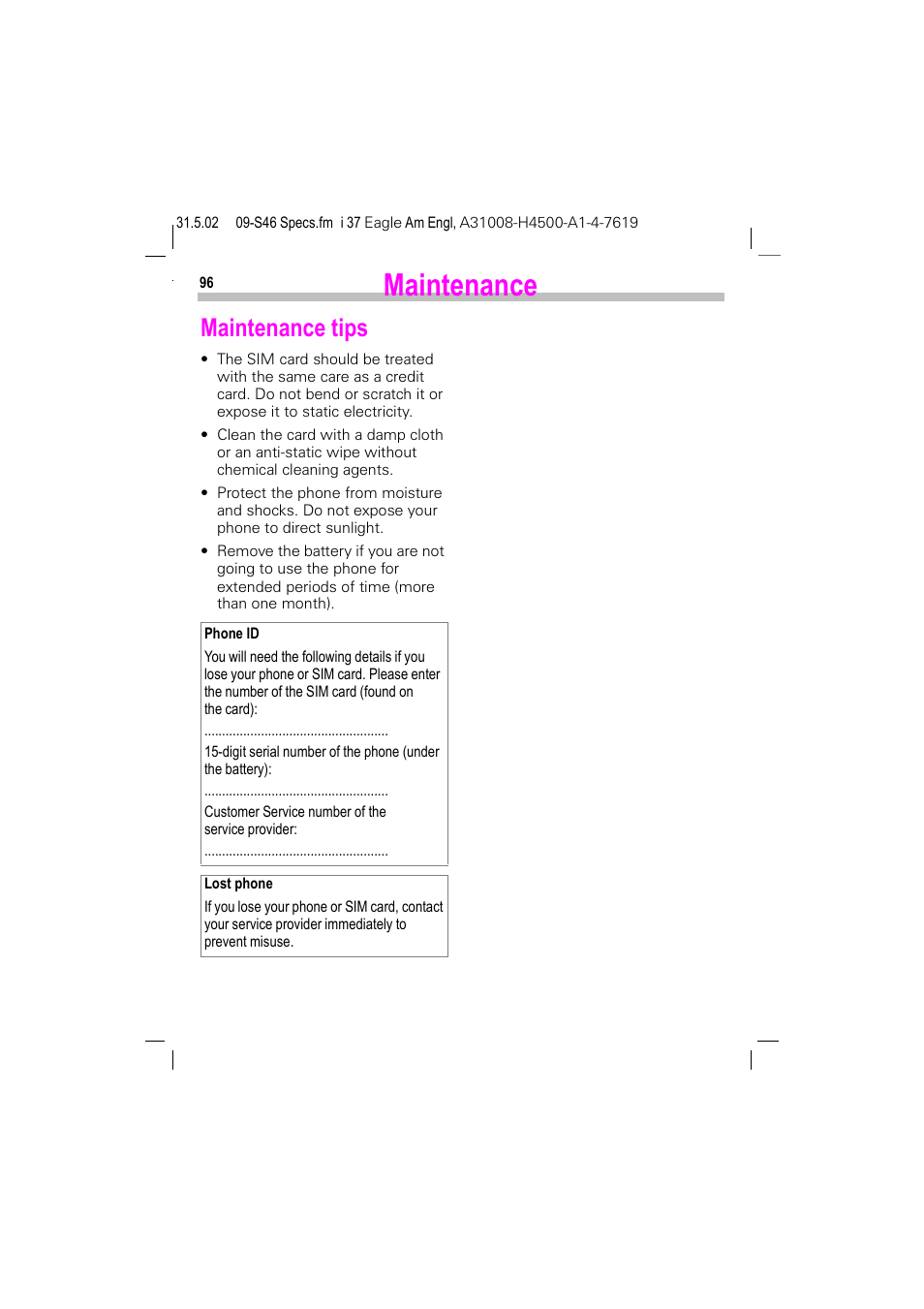 Maintenance, Maintenance tips | Siemens GSM 900 User Manual | Page 101 / 115