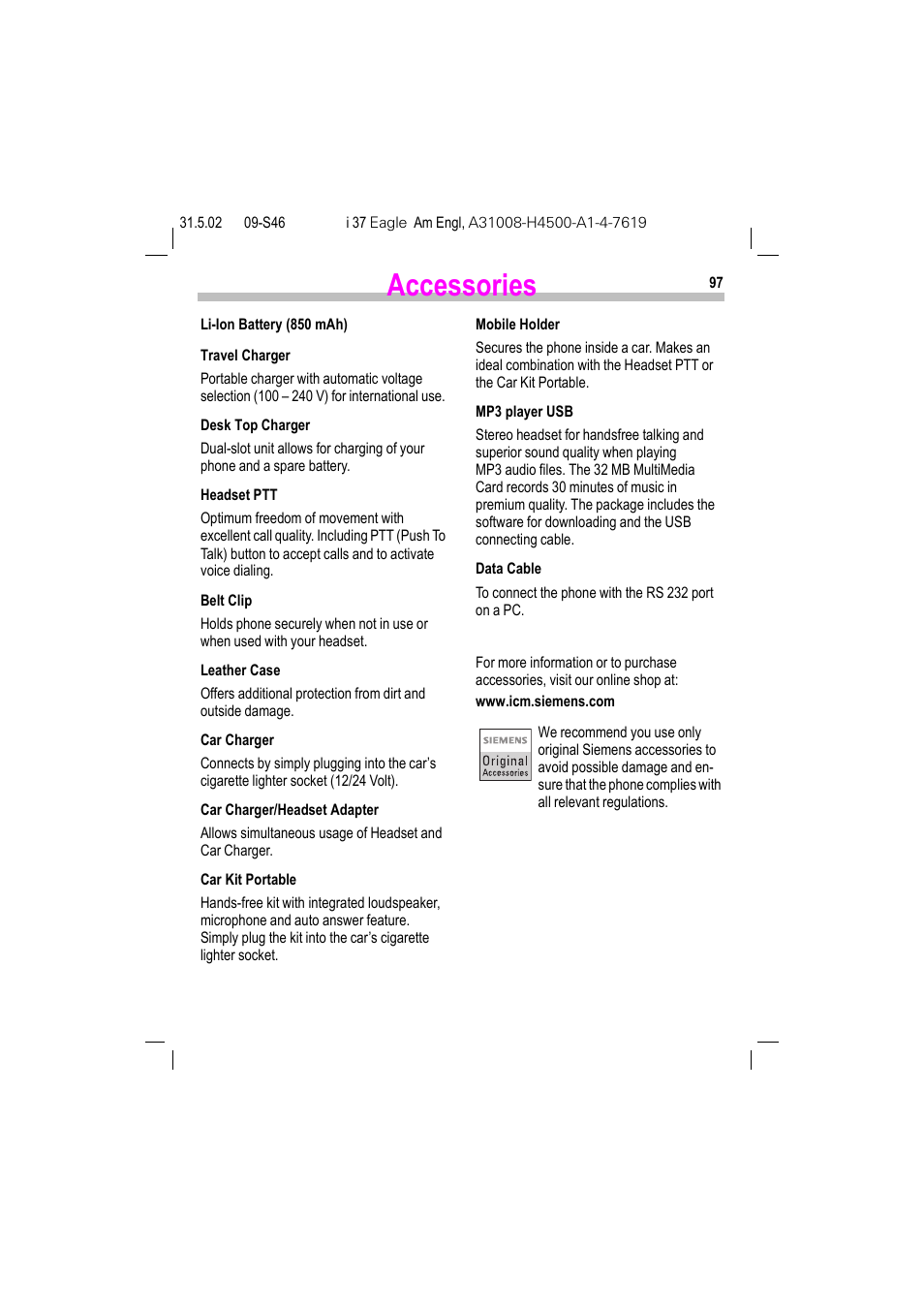 Accessories, P. 97) | Siemens GSM 900 User Manual | Page 102 / 115