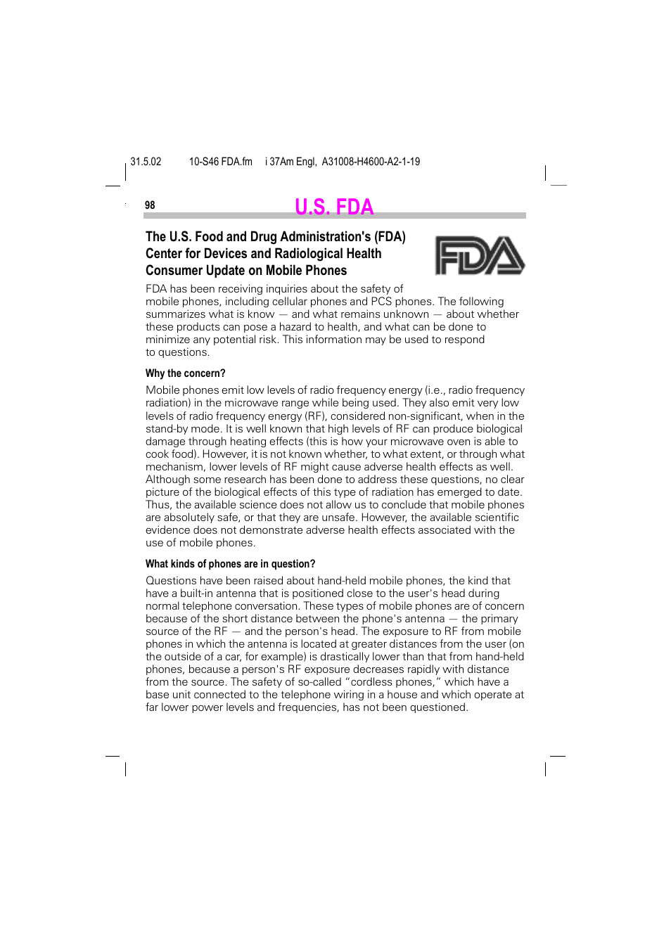 U.s. fda | Siemens GSM 900 User Manual | Page 103 / 115