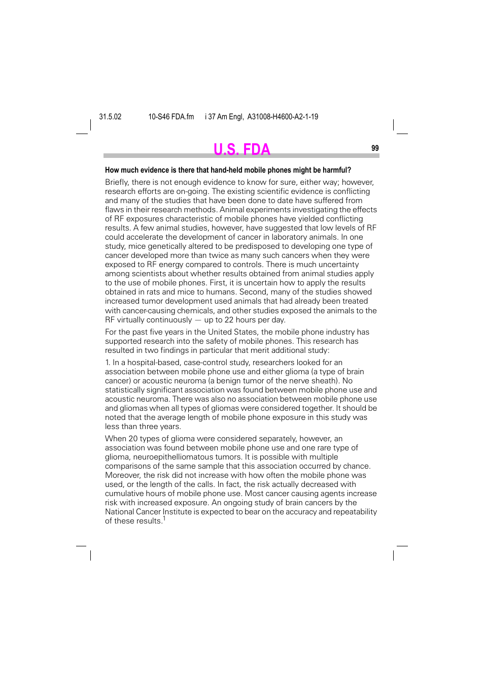 U.s. fda | Siemens GSM 900 User Manual | Page 104 / 115