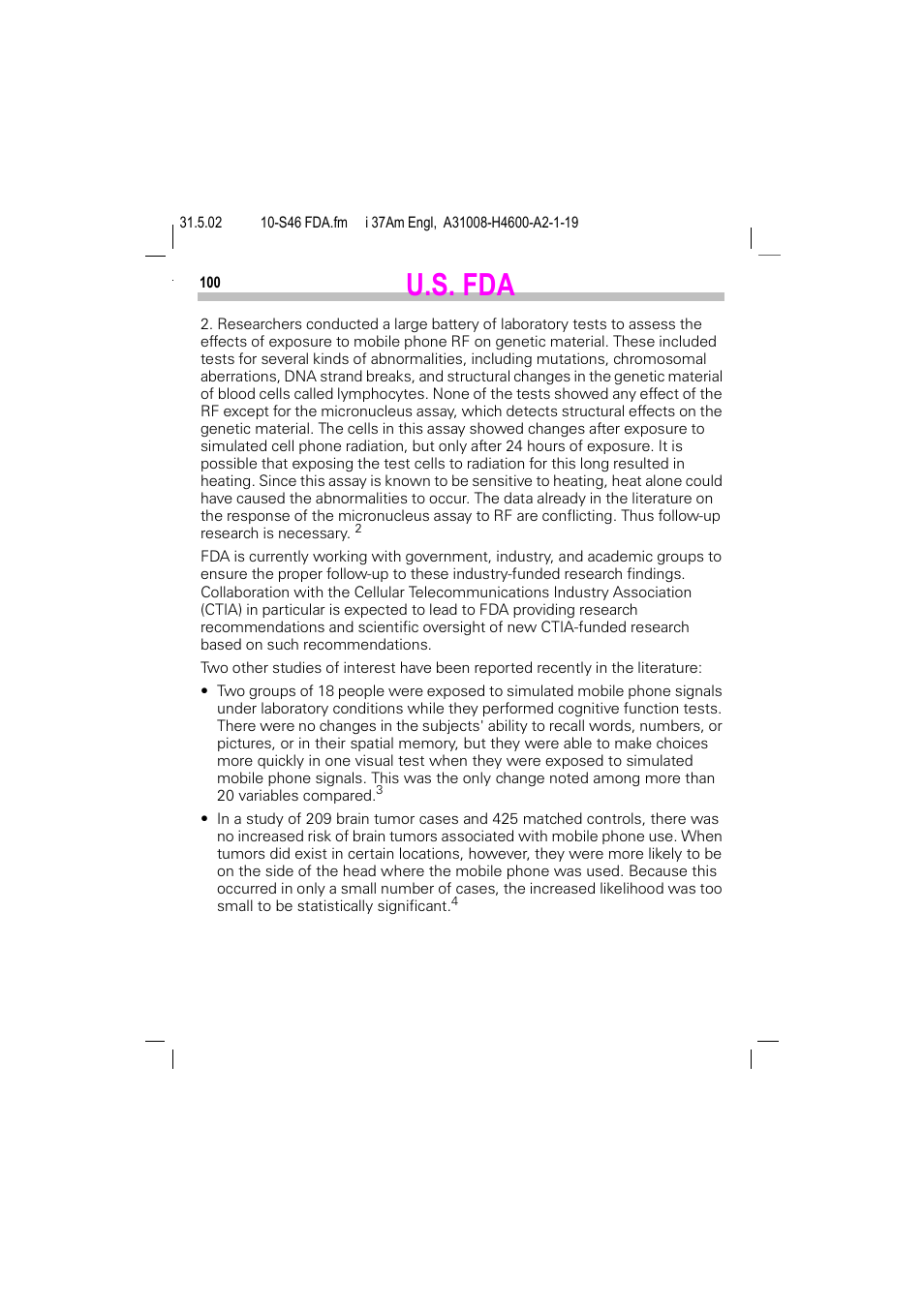 U.s. fda | Siemens GSM 900 User Manual | Page 105 / 115
