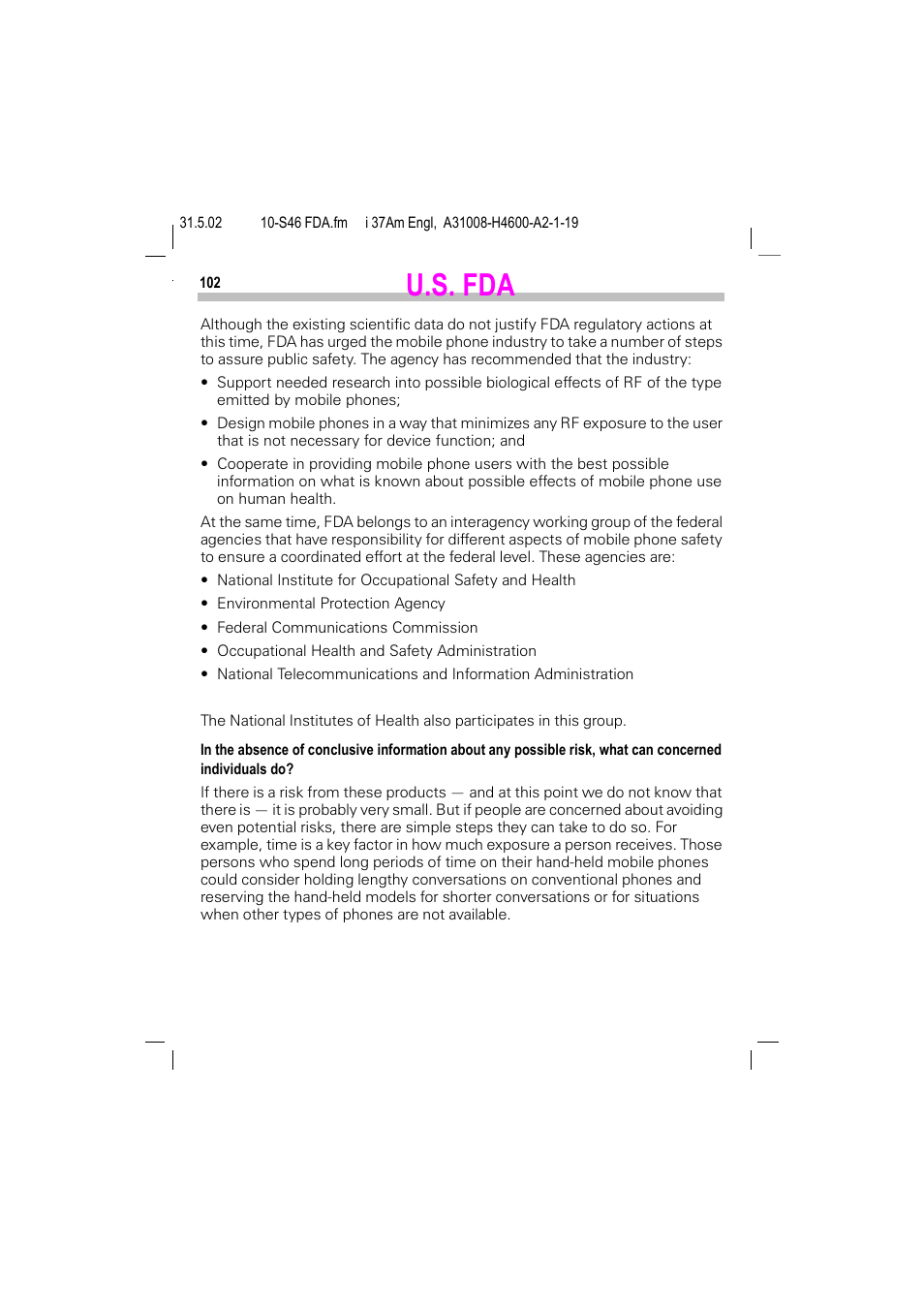 U.s. fda | Siemens GSM 900 User Manual | Page 107 / 115