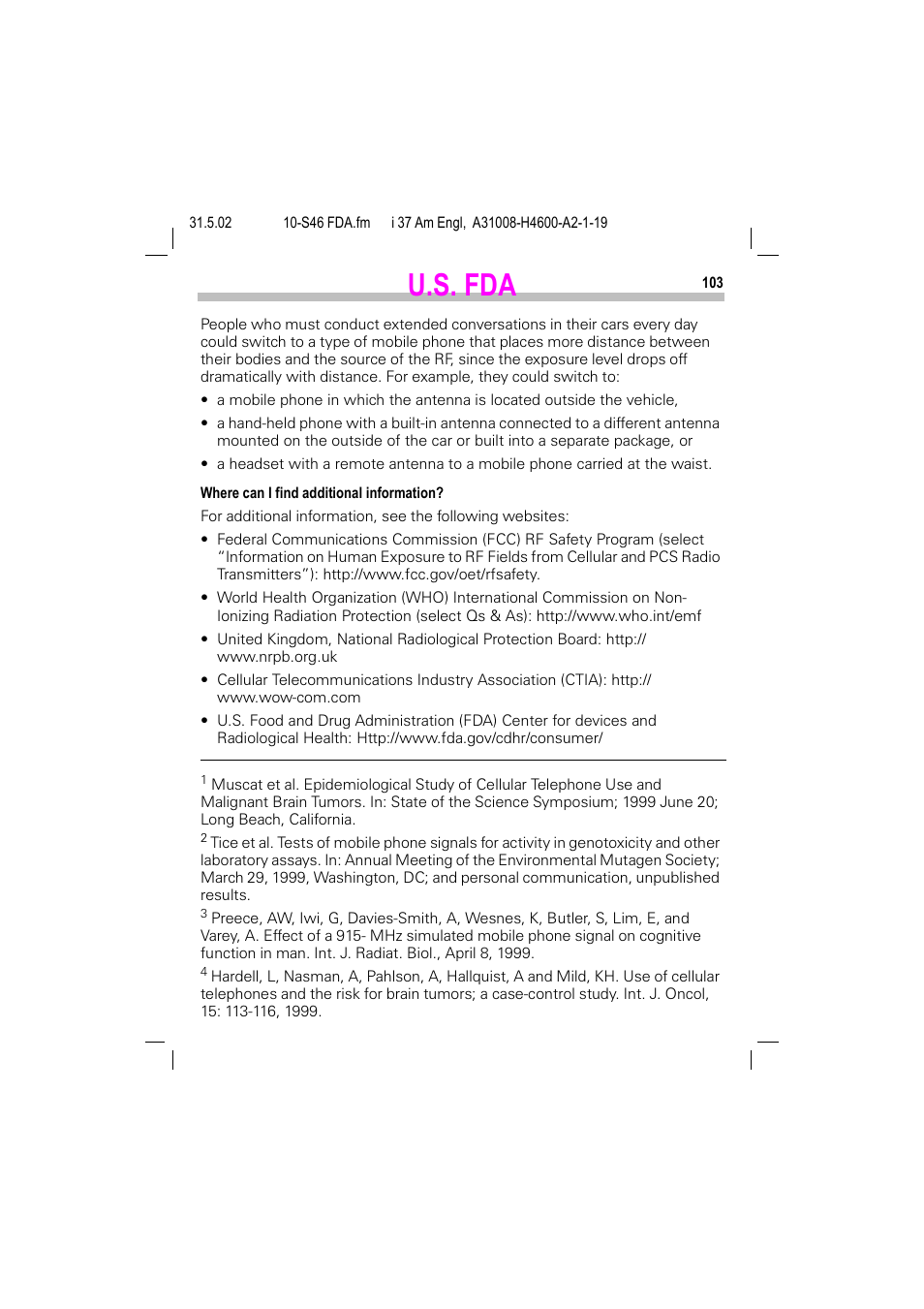 U.s. fda | Siemens GSM 900 User Manual | Page 108 / 115