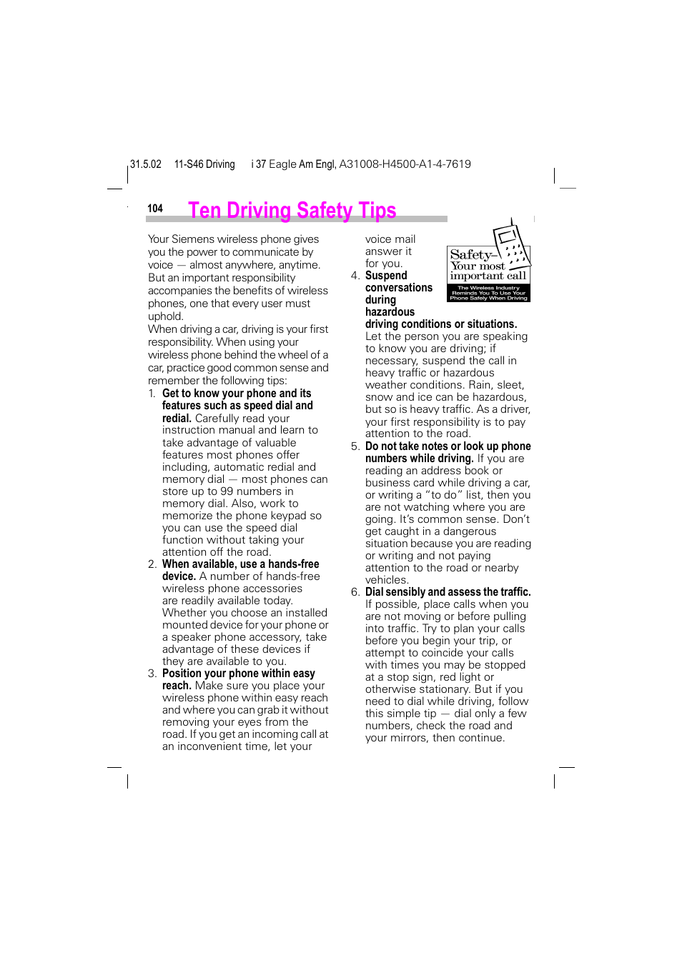 Ten driving safety tips | Siemens GSM 900 User Manual | Page 109 / 115