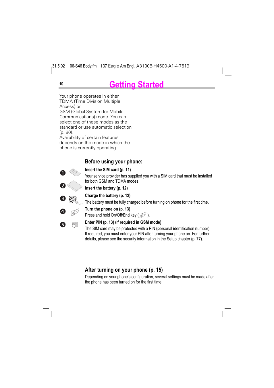 Getting started | Siemens GSM 900 User Manual | Page 15 / 115