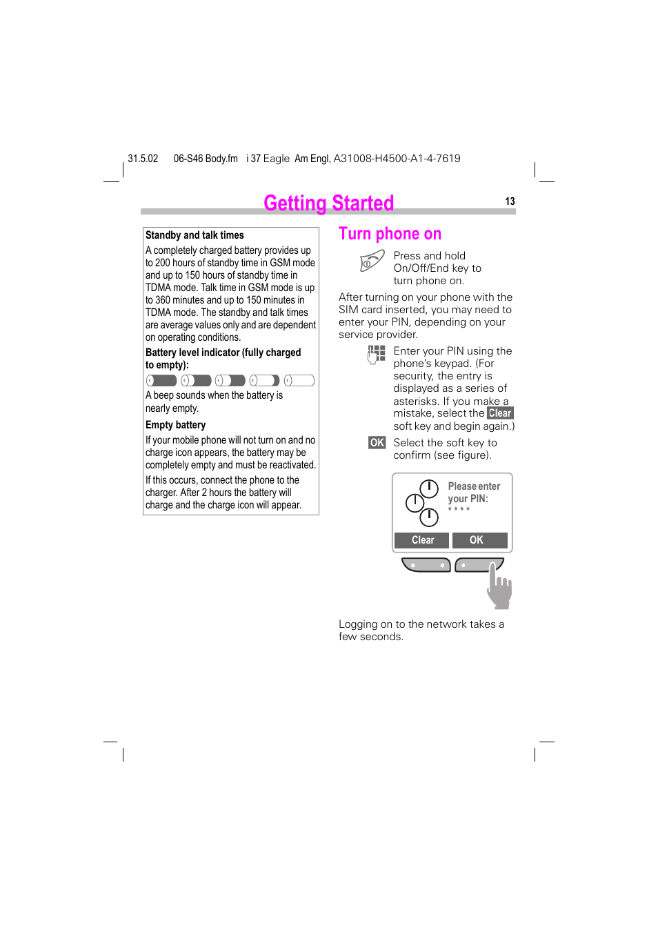 Turn phone on, P. 13), Getting started | Siemens GSM 900 User Manual | Page 18 / 115