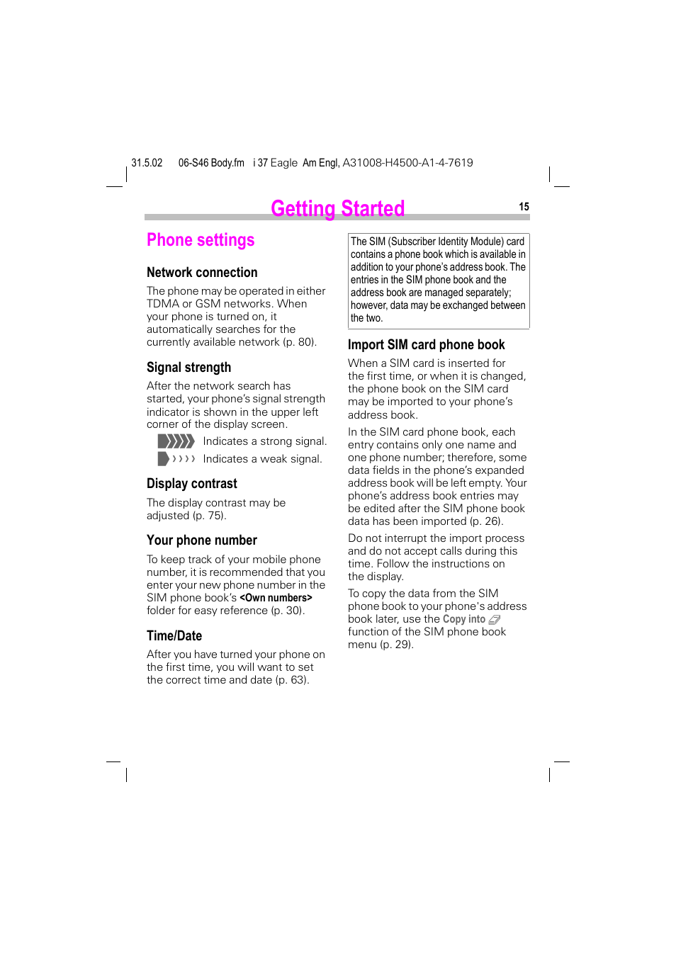 Phone settings, P. 15), Getting started | Siemens GSM 900 User Manual | Page 20 / 115