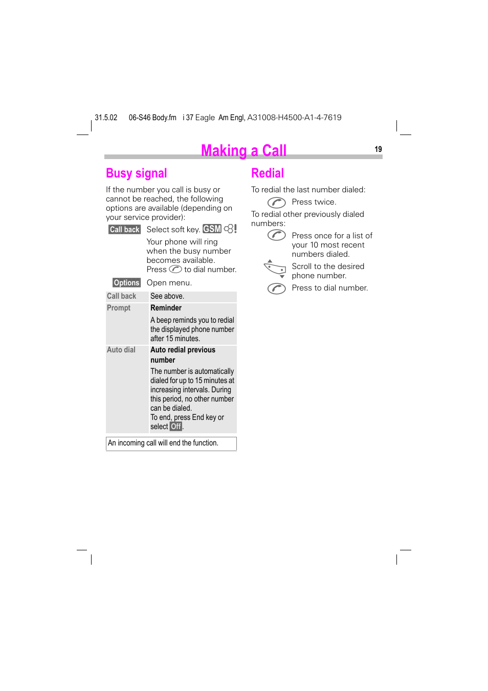 Busy signal, Redial, Busy signal redial | Making a call | Siemens GSM 900 User Manual | Page 24 / 115