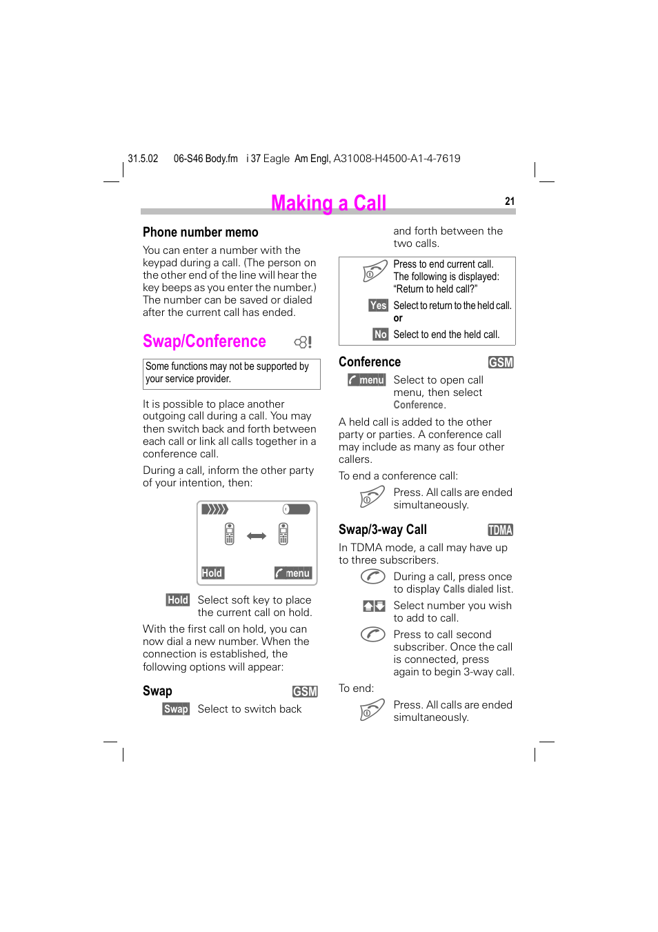 Swap/conference, Making a call | Siemens GSM 900 User Manual | Page 26 / 115