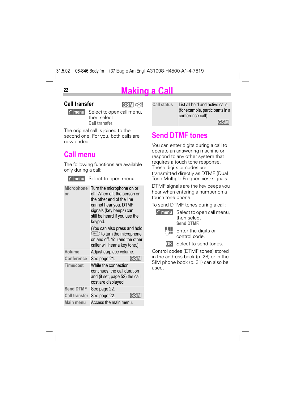 Send dtmf tones, Making a call, Call menu | Call transfer | Siemens GSM 900 User Manual | Page 27 / 115