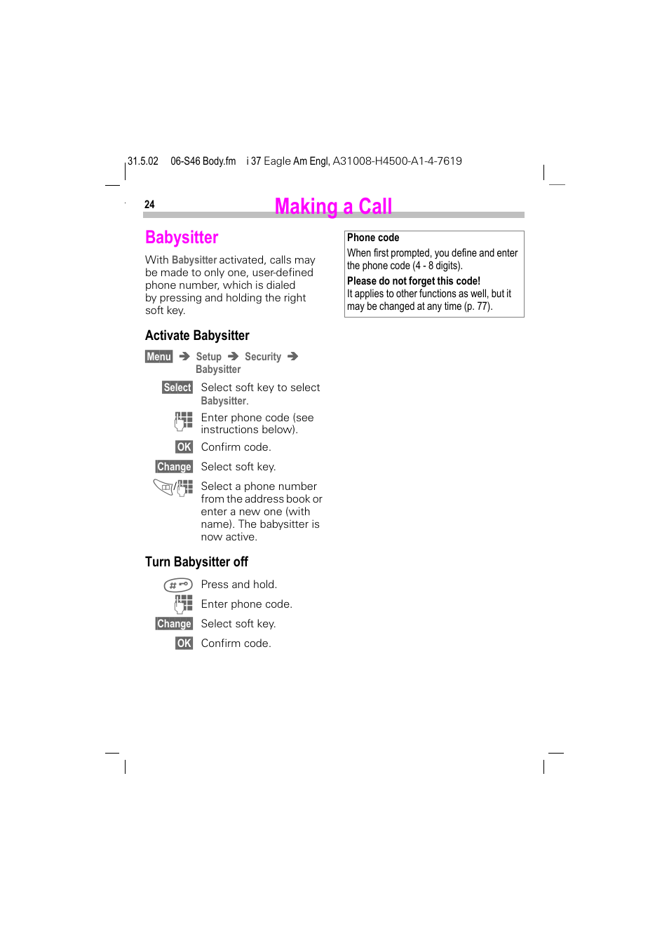 Babysitter, Making a call | Siemens GSM 900 User Manual | Page 29 / 115