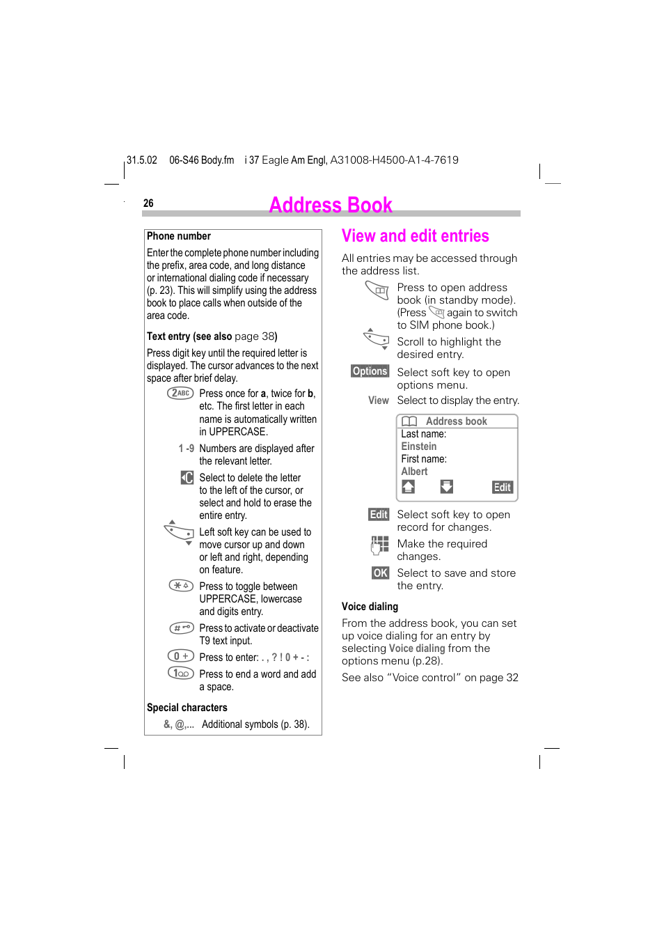 View and edit entries, Ed (p. 26), P. 26) | Address book | Siemens GSM 900 User Manual | Page 31 / 115