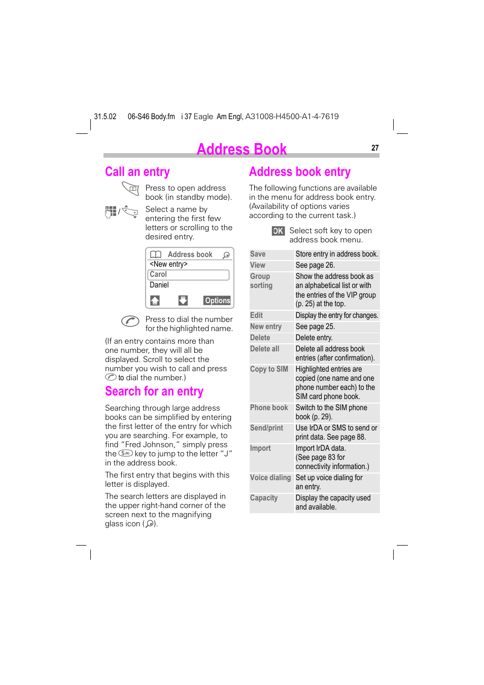Call an entry, Search for an entry, Address book entry | P. 27), Address book (p. 27), Address book | Siemens GSM 900 User Manual | Page 32 / 115