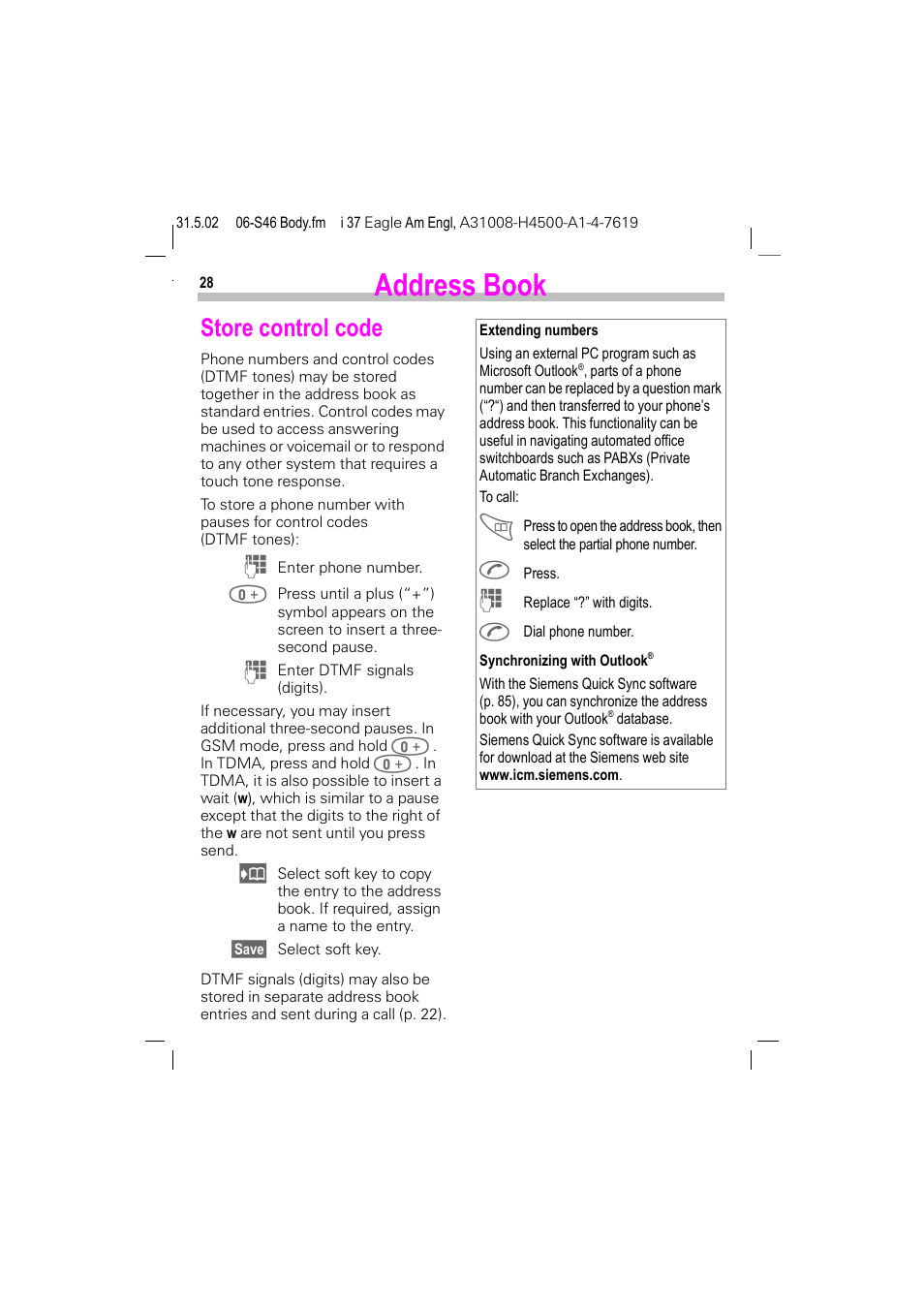 Store control code, P. 28) or in the, Address book | Siemens GSM 900 User Manual | Page 33 / 115