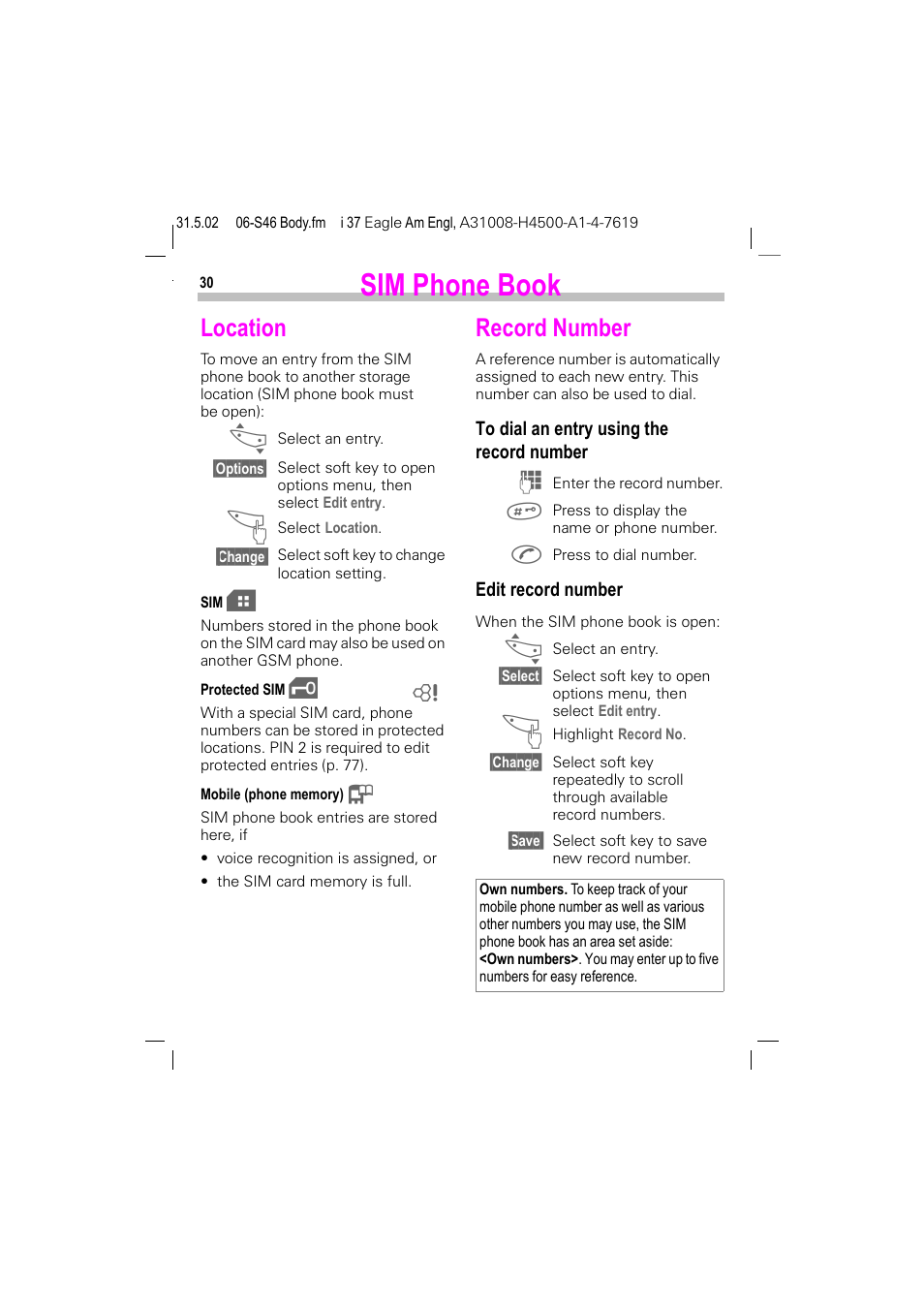 Location, Record number, Location record number | E (p. 30), P. 30), Sim phone book | Siemens GSM 900 User Manual | Page 35 / 115