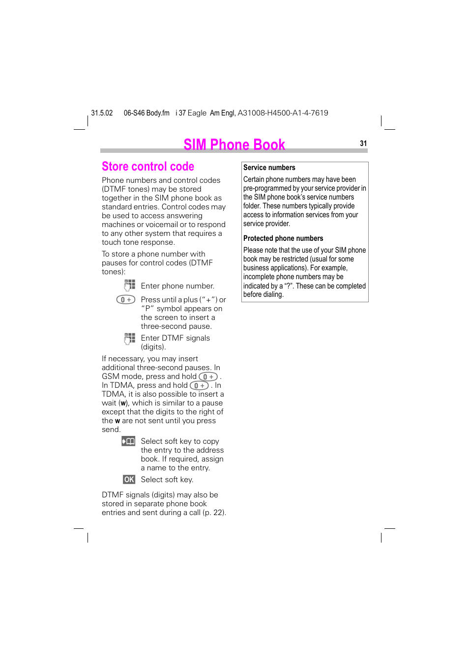 Store control code, Ok (p. 31) ca, Sim phone book | Siemens GSM 900 User Manual | Page 36 / 115