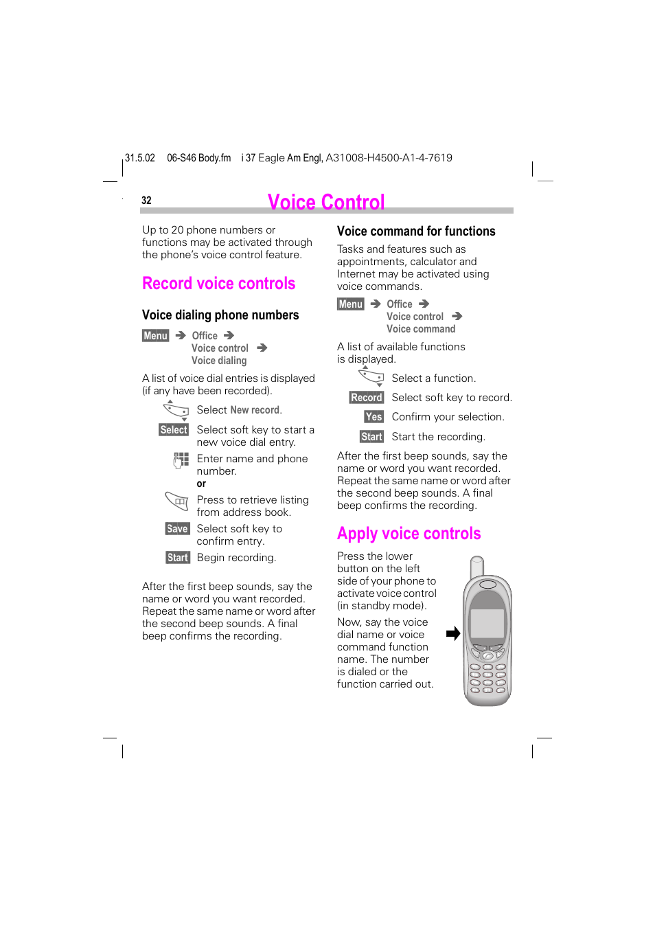 Voice control, Record voice controls, Entry (p. 32) | Apply voice controls | Siemens GSM 900 User Manual | Page 37 / 115