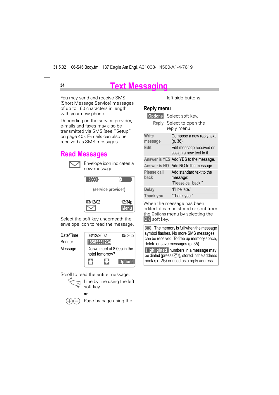 Text messaging, Read messages, Reply menu | Siemens GSM 900 User Manual | Page 39 / 115