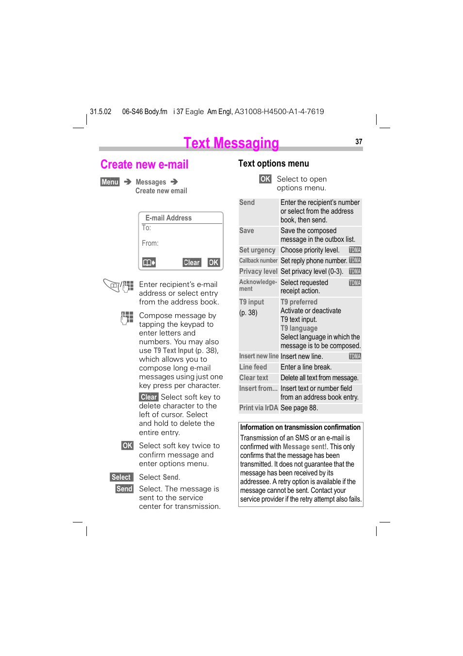 Create new e-mail, P. 37), Text messaging | Text options menu | Siemens GSM 900 User Manual | Page 42 / 115