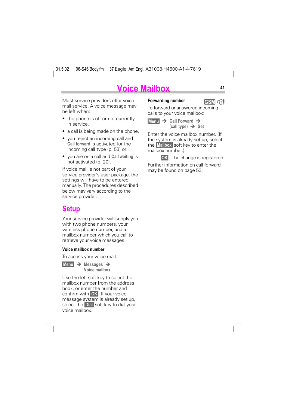 Voice mailbox, Setup | Siemens GSM 900 User Manual | Page 46 / 115