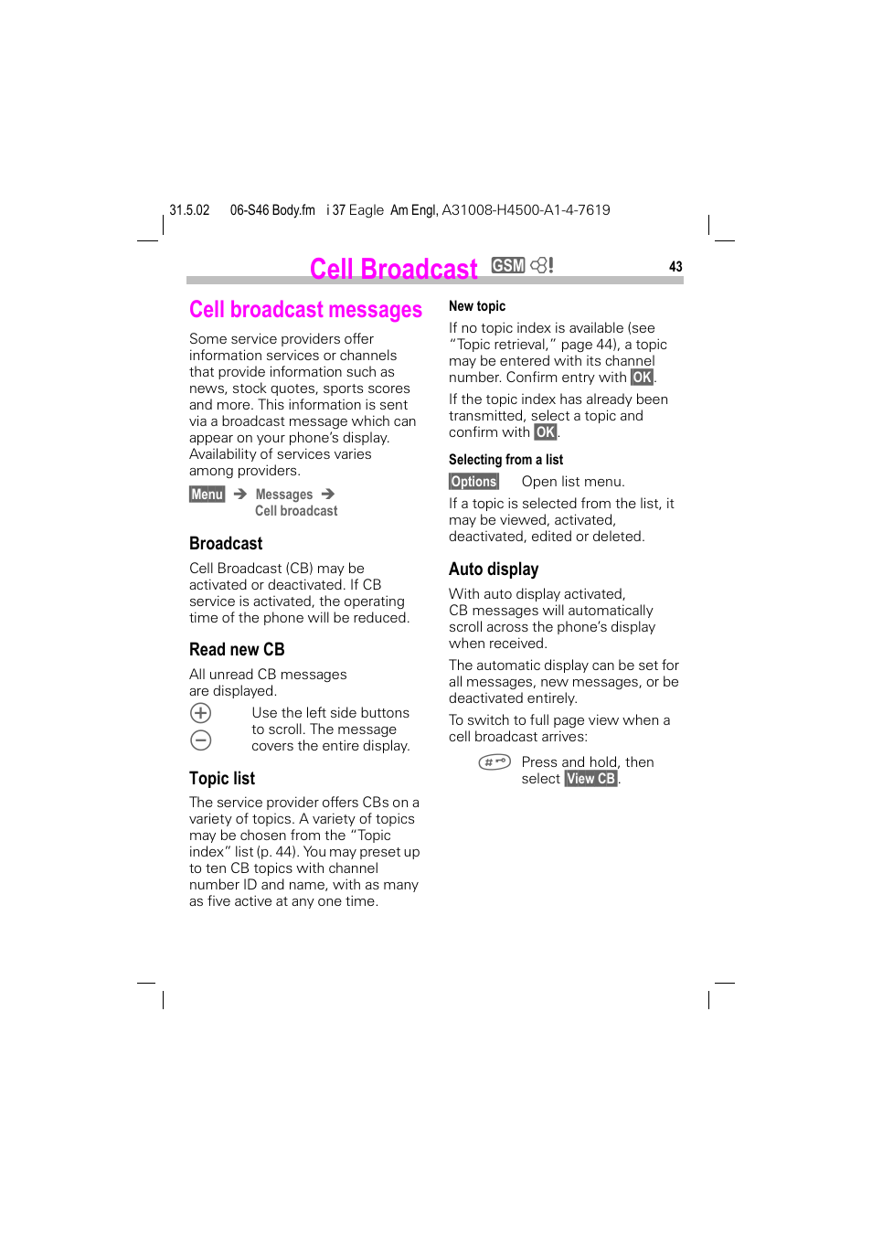 Cell broadcast, Cell broadcast messages | Siemens GSM 900 User Manual | Page 48 / 115
