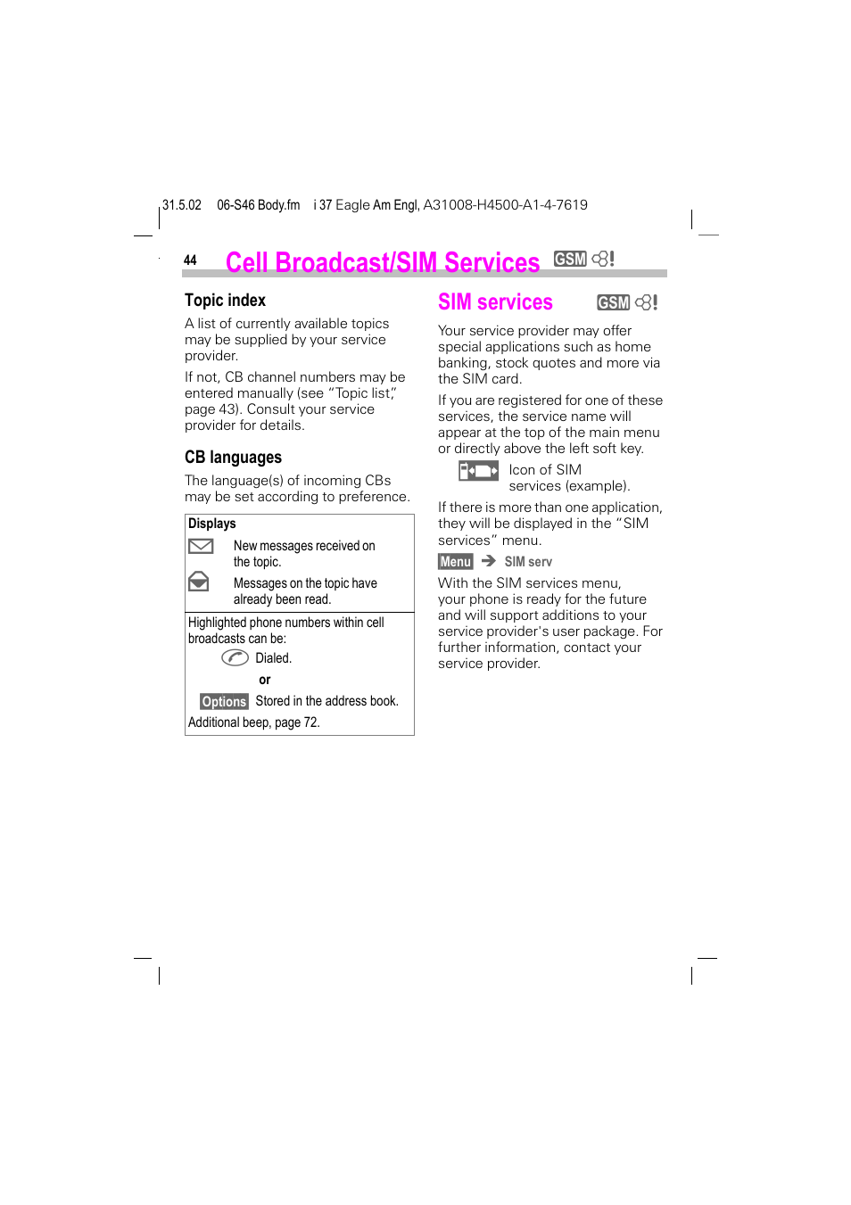 Cell broadcast/sim services, Sim services | Siemens GSM 900 User Manual | Page 49 / 115